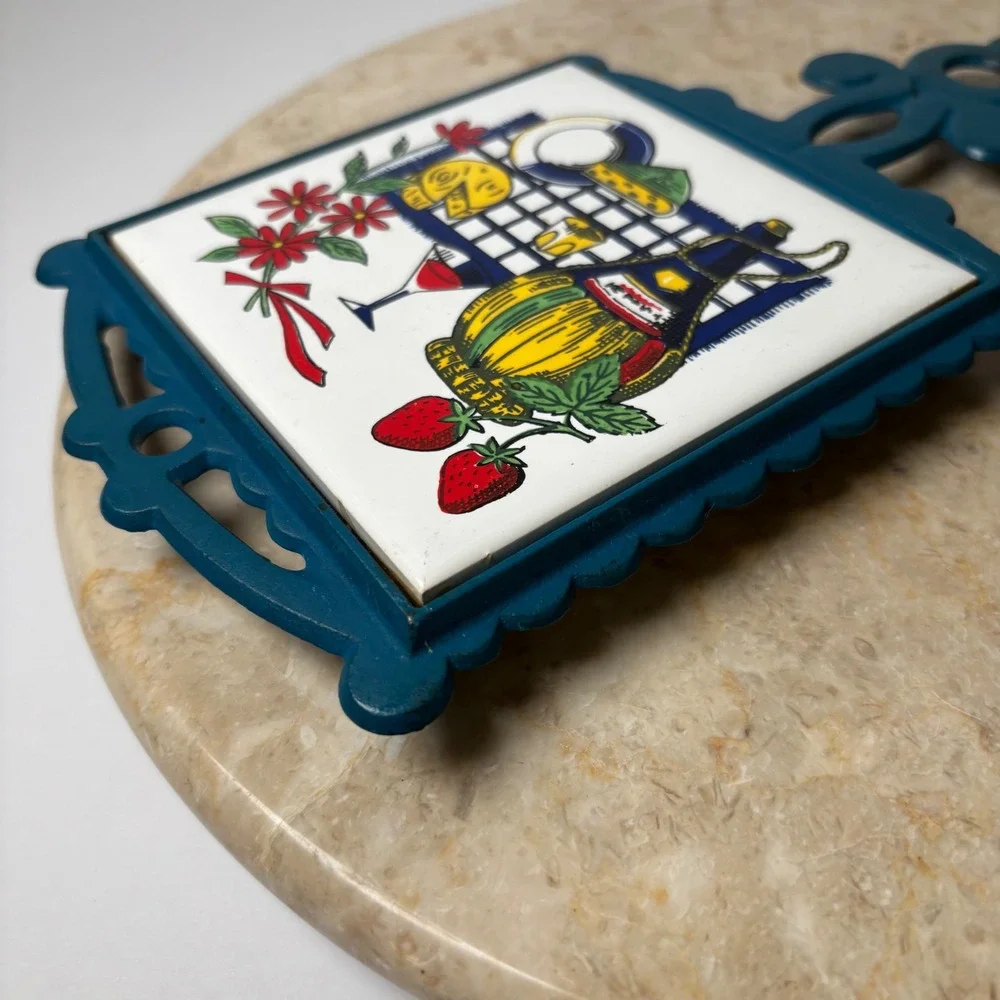 Vintage Italian Style Trivet Hot Pad‎ Cast Iron Teal Ceramic Tile